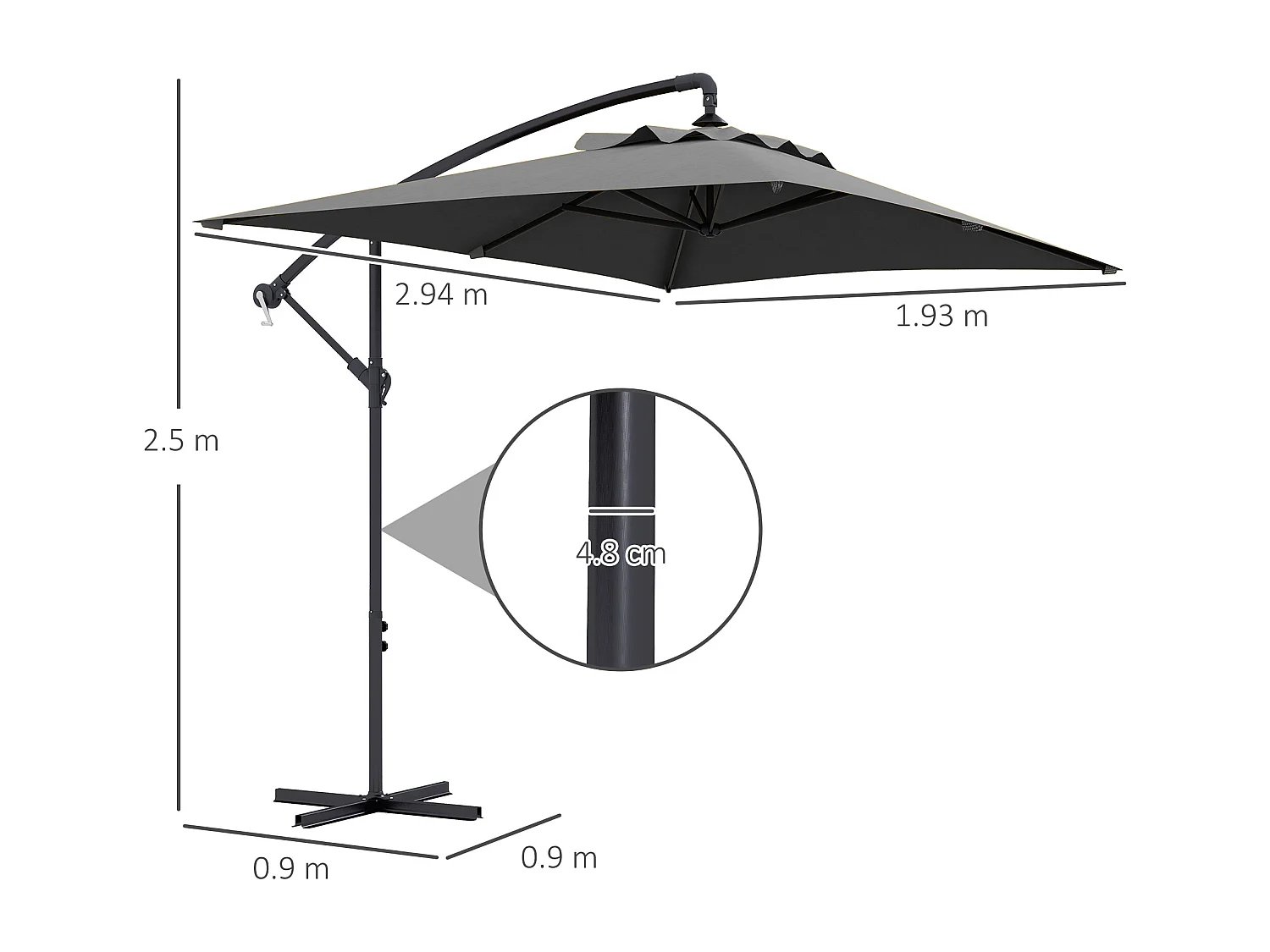 Ombrellone da giardino decentrato 3x2m con manovella grigio