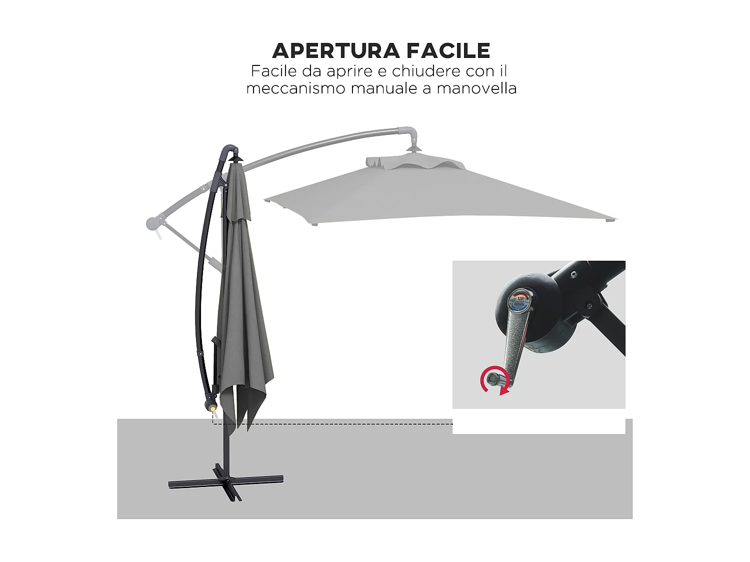 Ombrellone da giardino decentrato 3x2m con manovella grigio