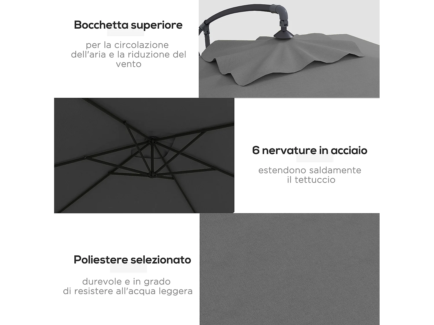 Ombrellone da giardino decentrato 3x2m con manovella grigio