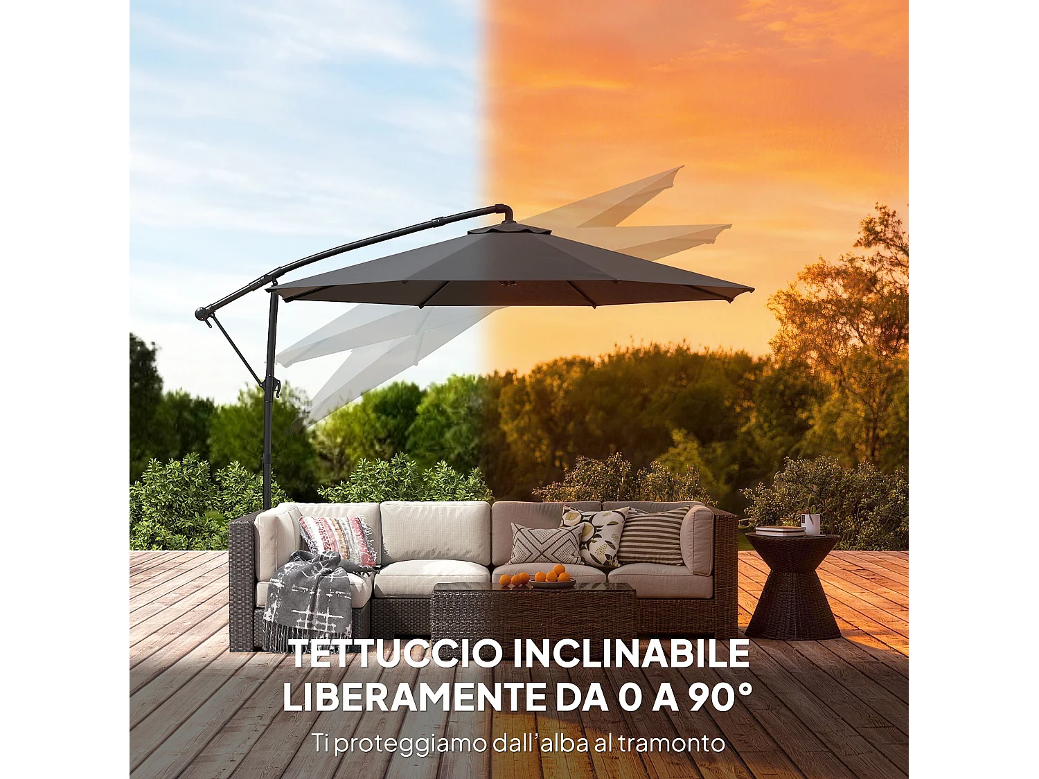 Ombrellone a sbalzo 3x3 m girevole e inclinabile con base a croce nero