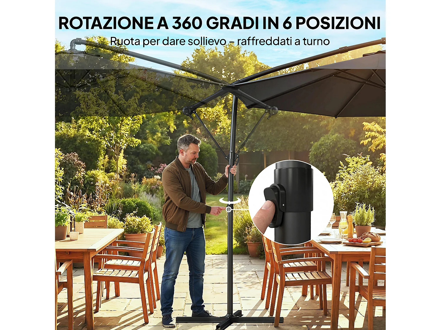 Ombrellone a sbalzo 3x3 m girevole e inclinabile con base a croce nero