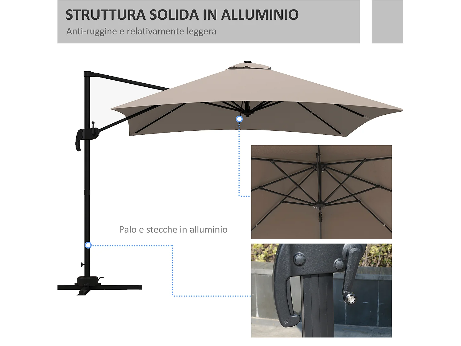 Ombrellone 3x3 m a 8 stecche in alluminio e poliestere color khaki