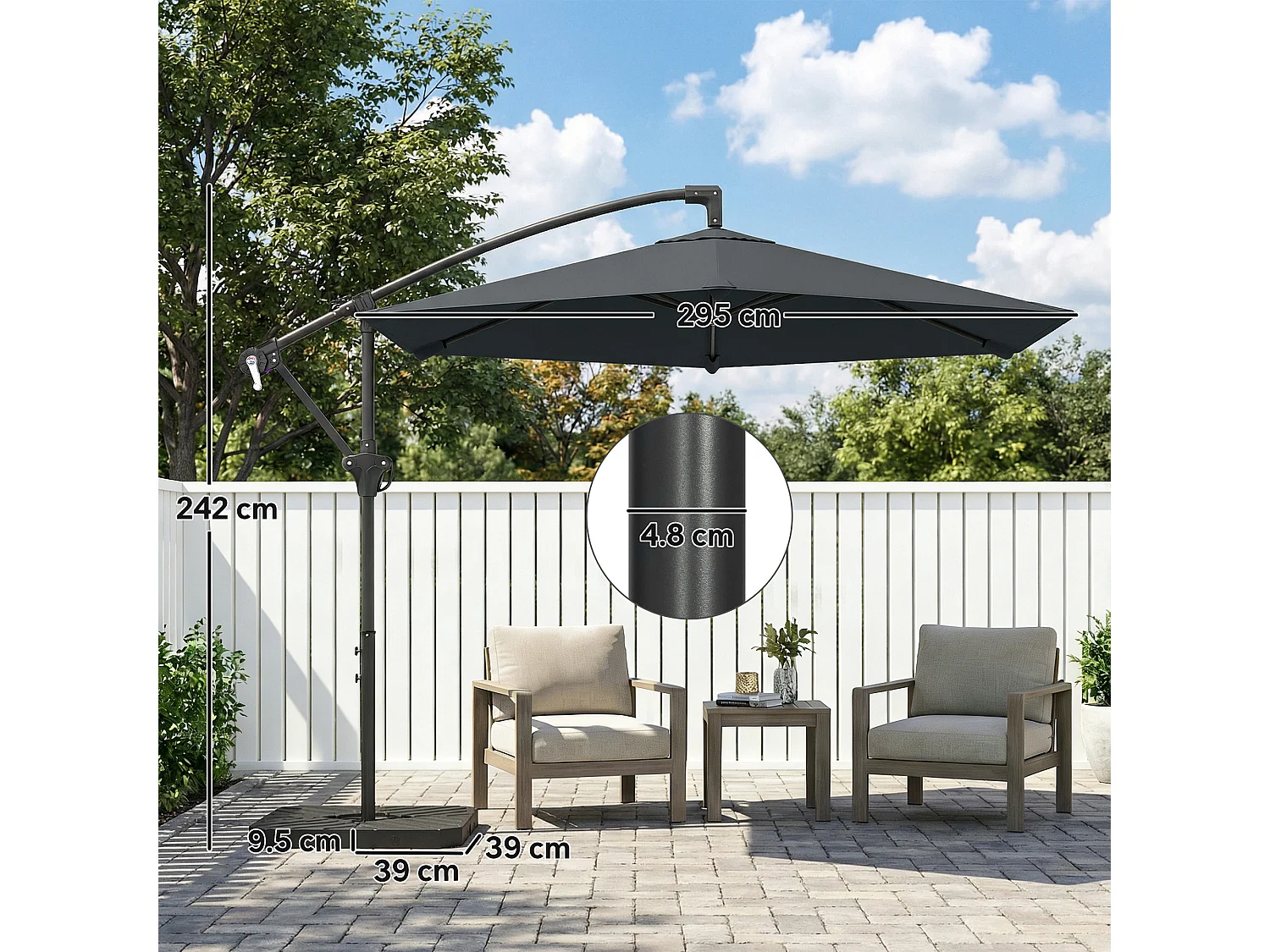 Ombrellone a sbalzo e base a croce 302x295x242 cm grigio