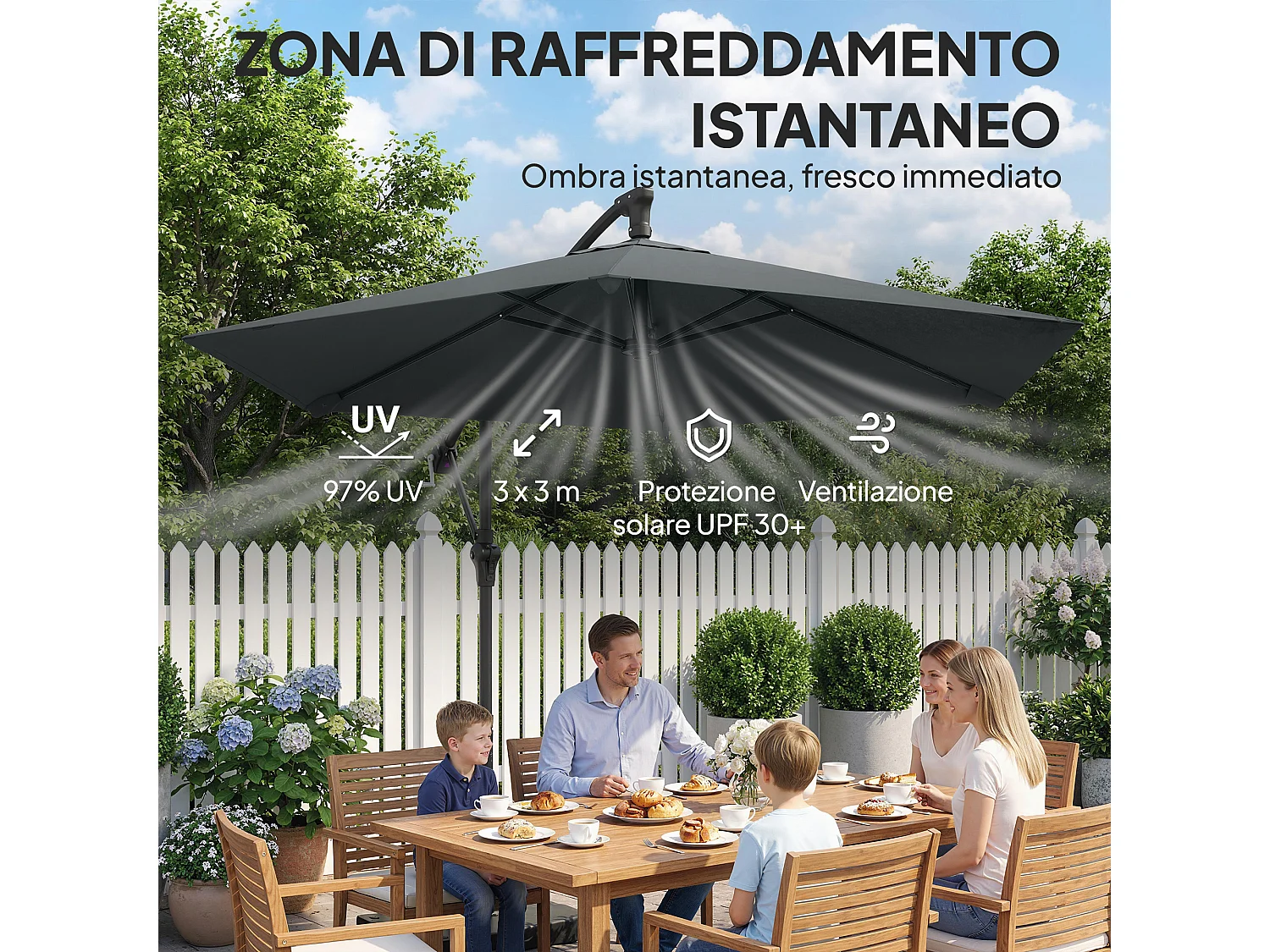 Ombrellone a sbalzo e base a croce 302x295x242 cm grigio