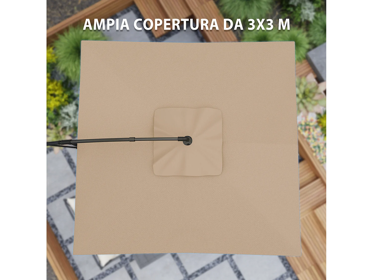 Ombrellone a braccio 3x3 con copertura regolabile e base a Croce cachi