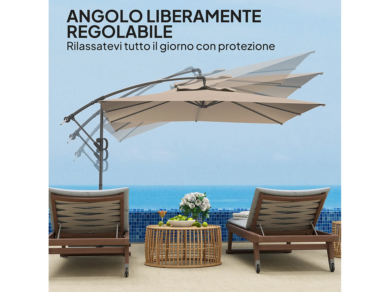 Ombrellone a braccio 3x3 con copertura regolabile e base a Croce cachi