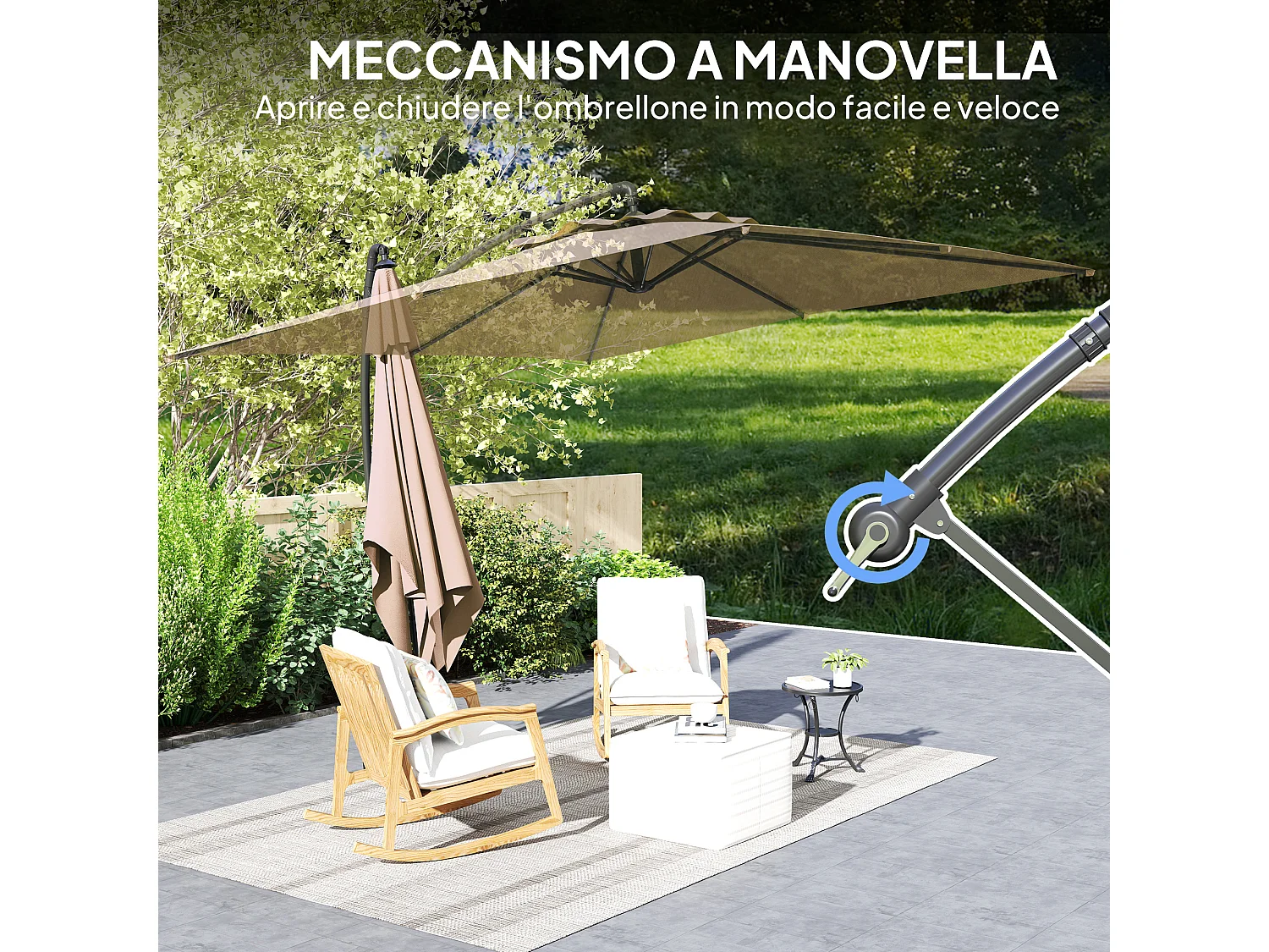 Ombrellone a braccio 3x3 con copertura regolabile e base a Croce cachi