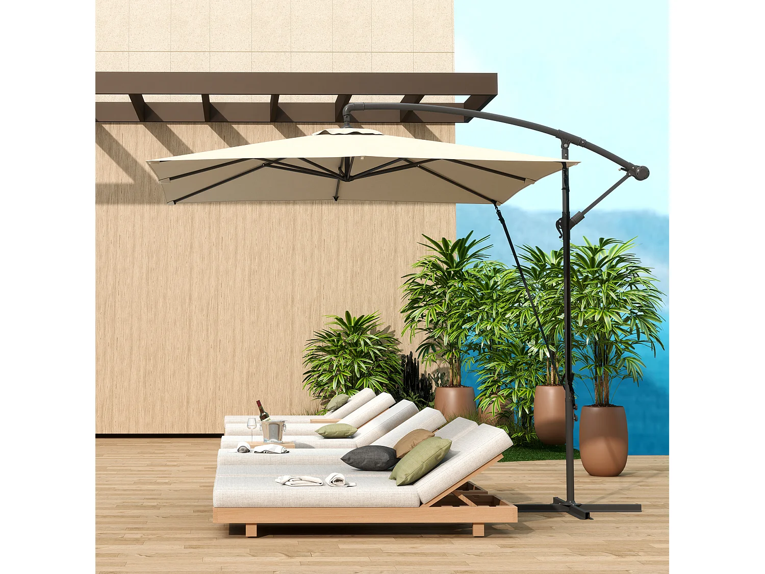 Ombrellone a sbalzo 247x247 cm base a croce color cachi