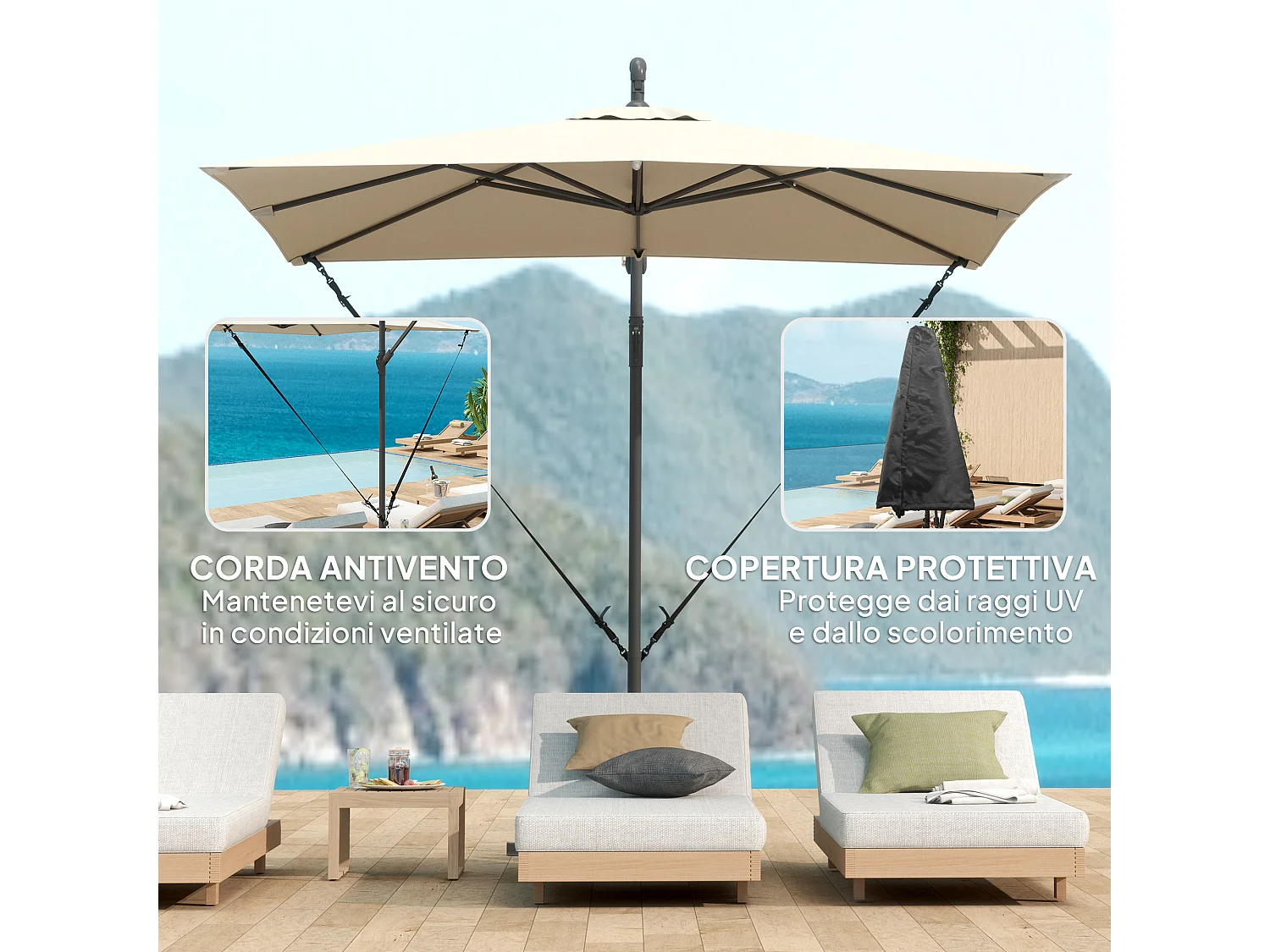 Ombrellone a sbalzo 247x247 cm base a croce color cachi