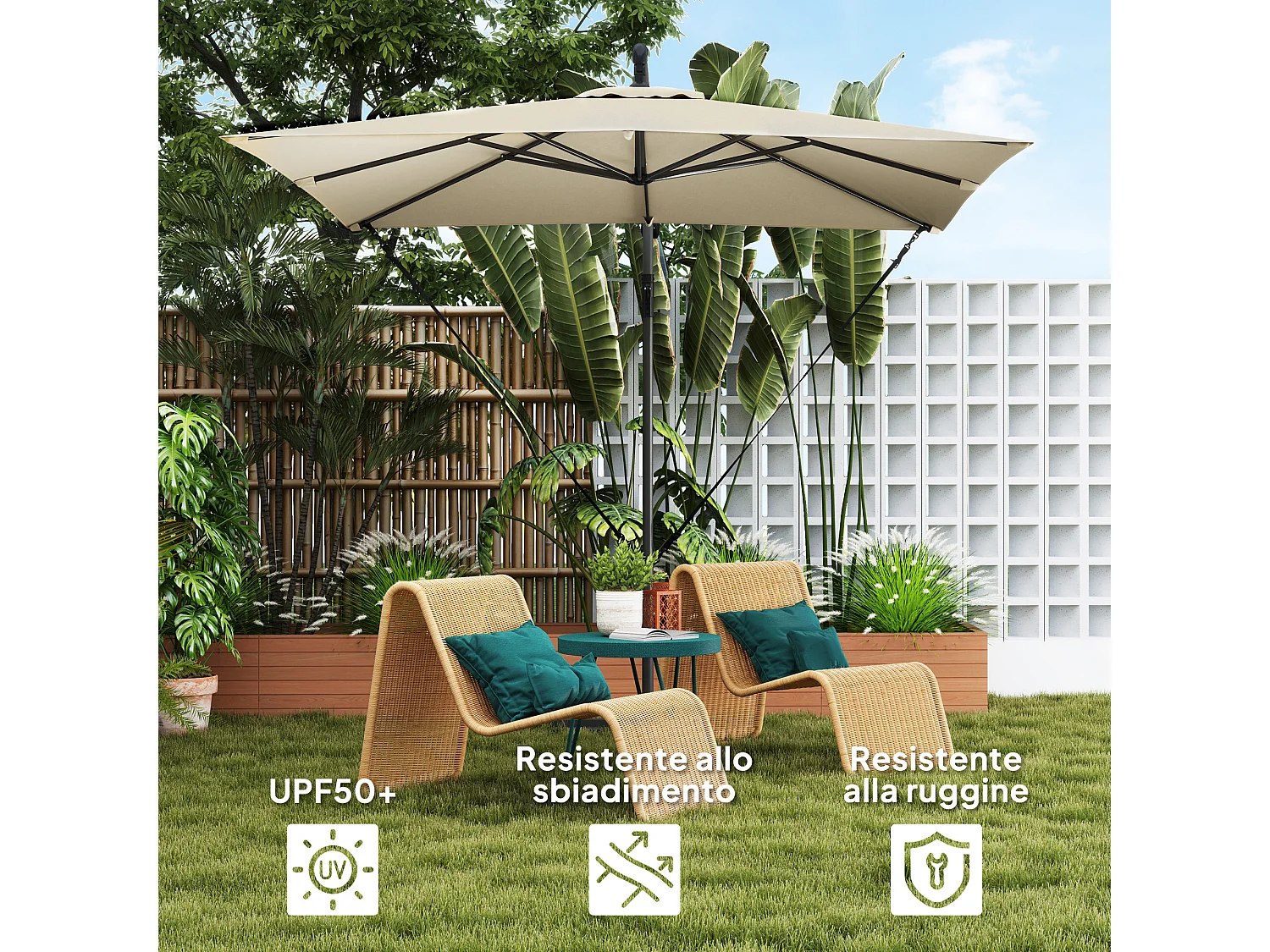 Ombrellone a sbalzo 247x247 cm base a croce color cachi