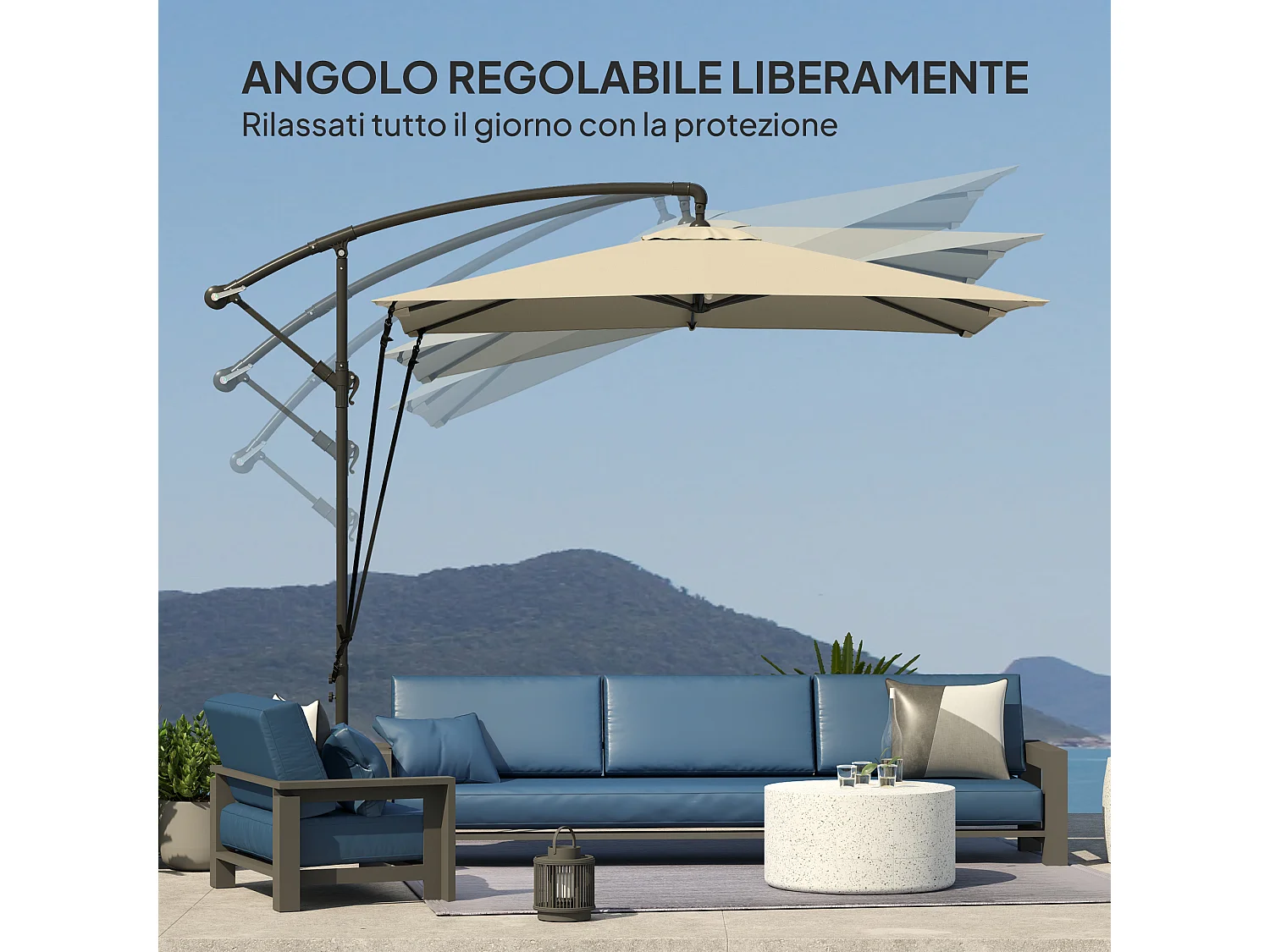 Ombrellone a sbalzo 247x247 cm base a croce color cachi