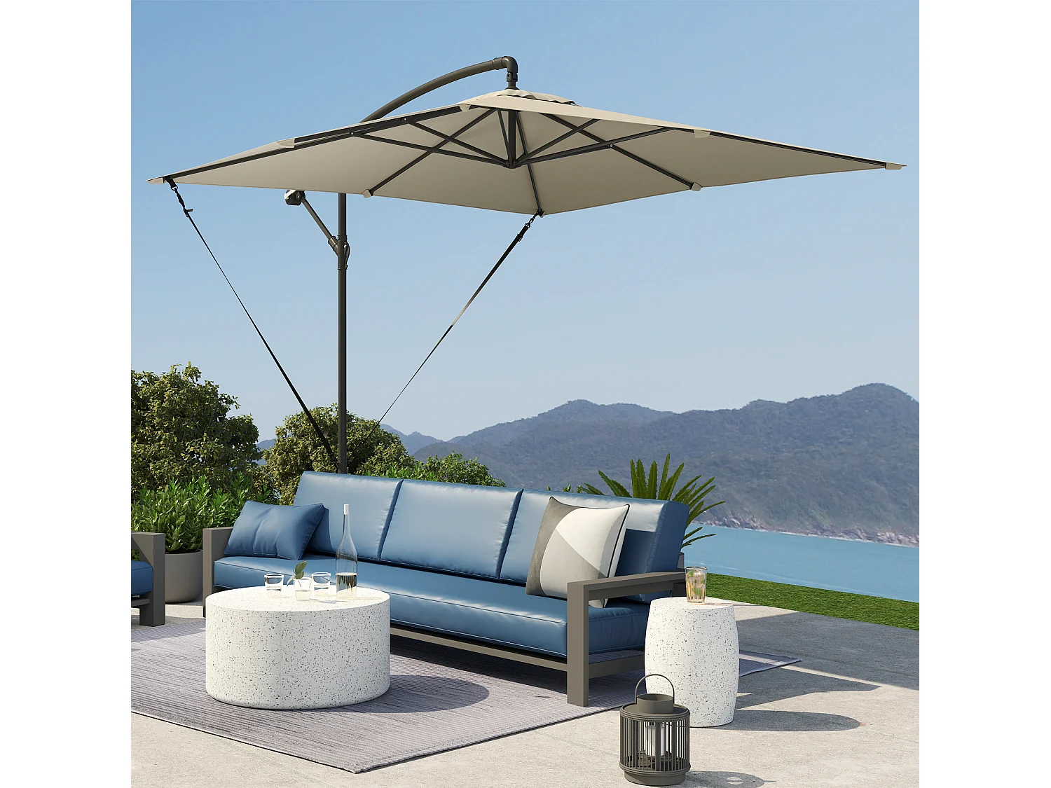 Ombrellone a sbalzo 247x247 cm base a croce color cachi