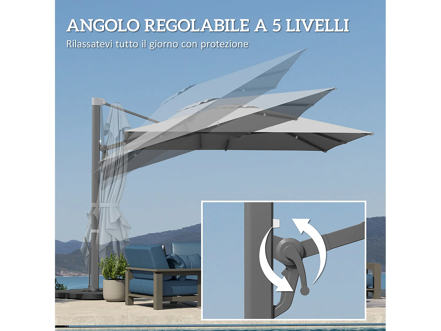 Ombrellone a sbalzo con manovella e base a croce grigio chiaro