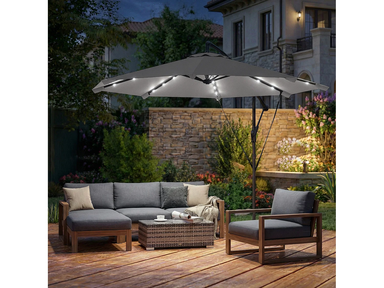 Ombrellone a sbalzo con luci led solari base croce grigio