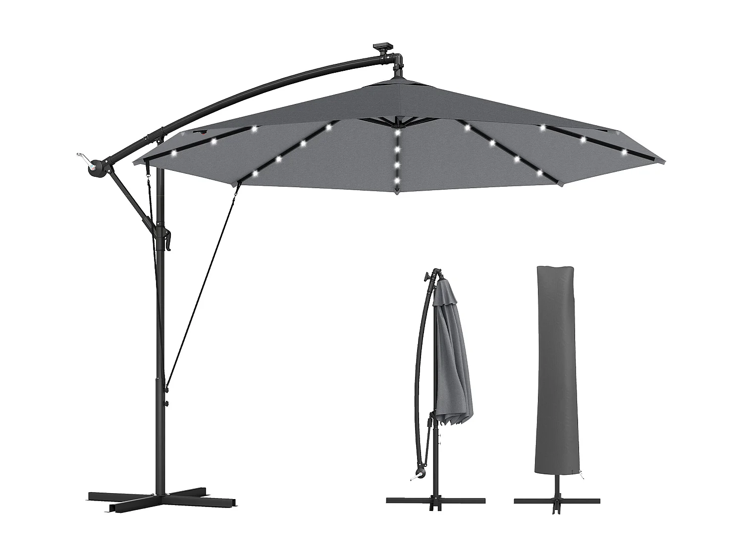 Ombrellone a sbalzo con luci led solari base croce grigio