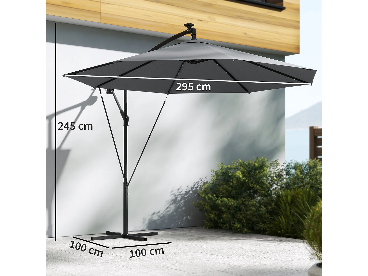 Ombrellone a sbalzo con luci led solari base croce grigio