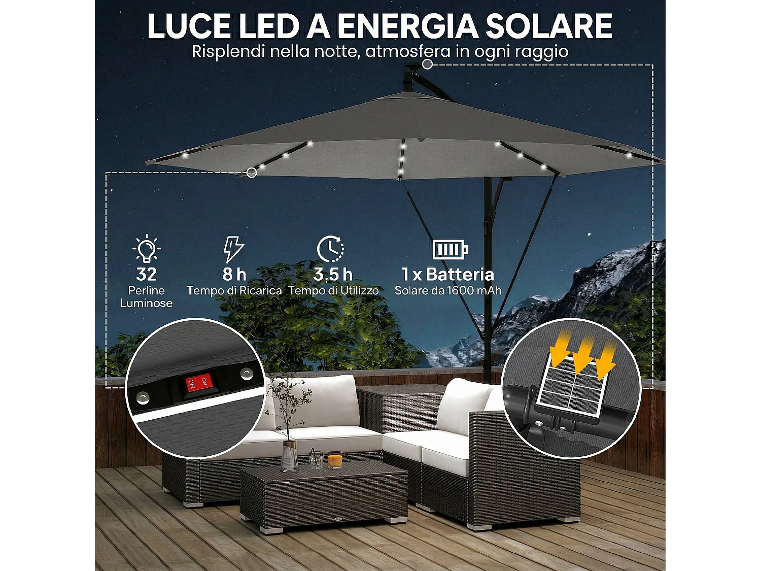 Ombrellone a sbalzo con luci led solari base croce grigio