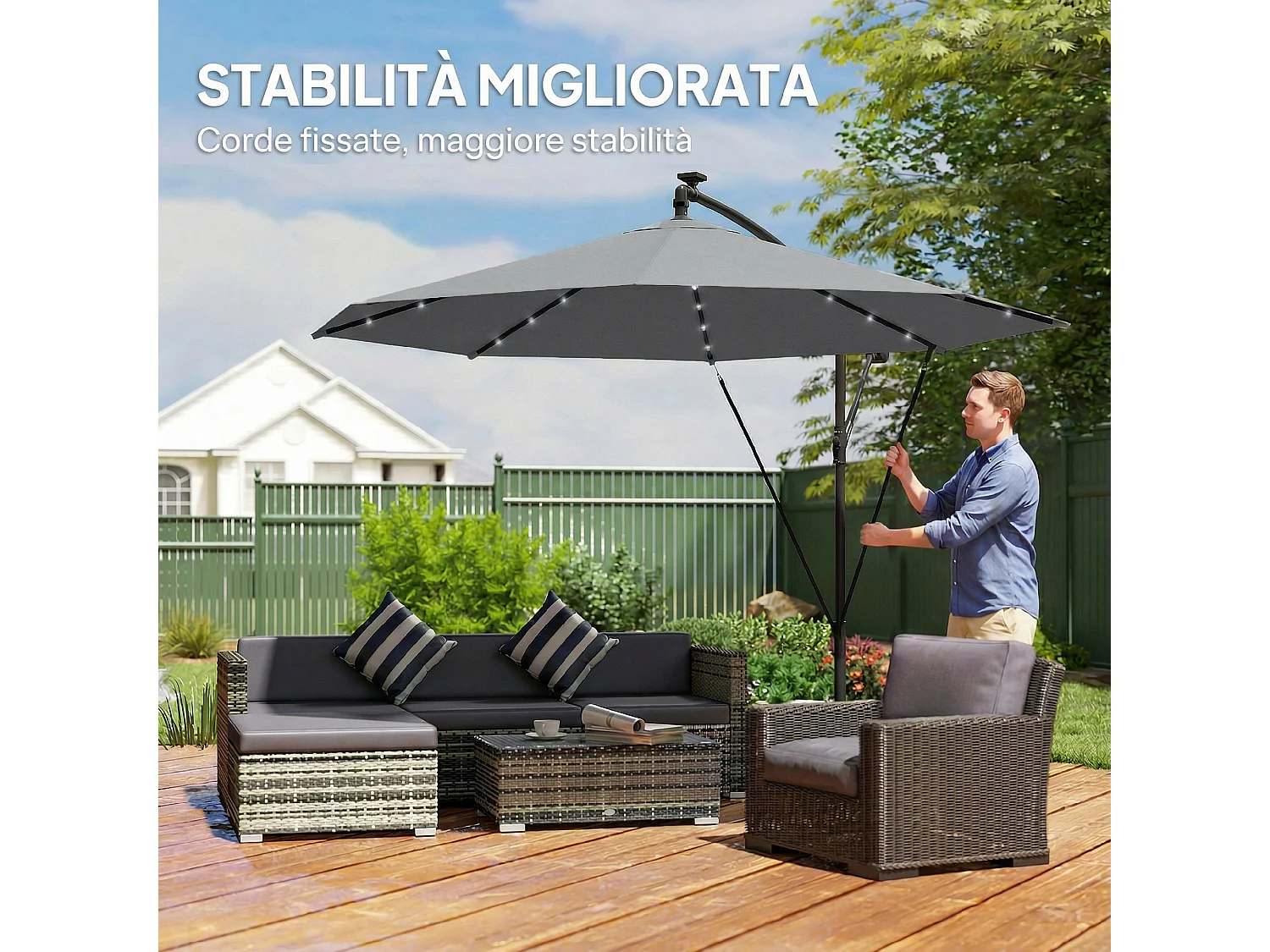 Ombrellone a sbalzo con luci led solari base croce grigio