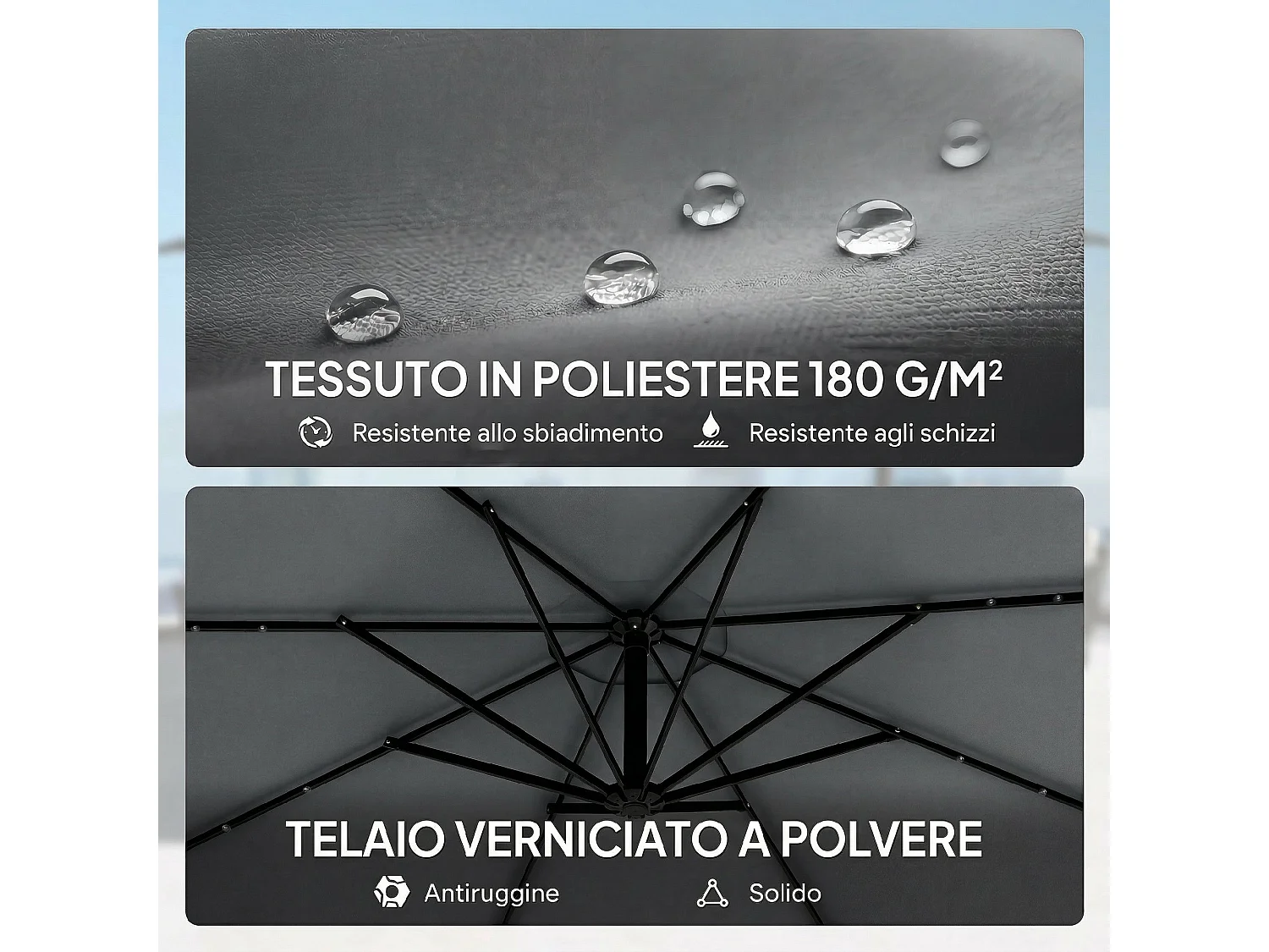 Ombrellone a sbalzo con luci led solari base croce grigio