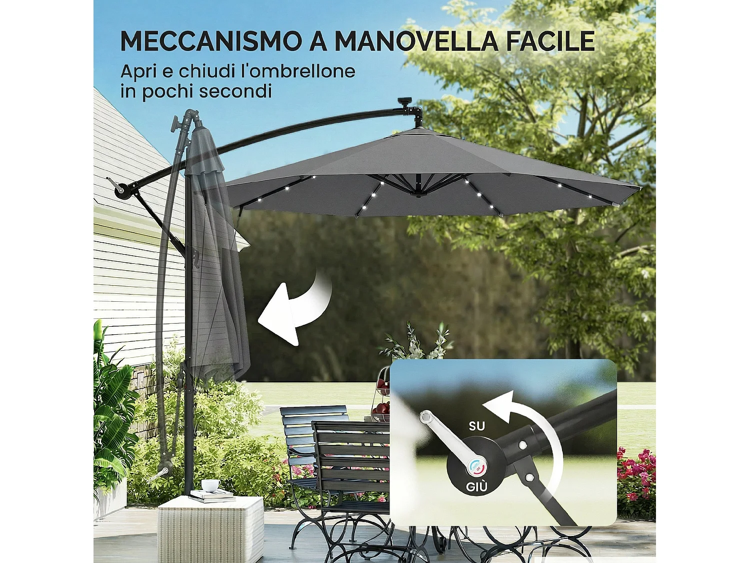 Ombrellone a sbalzo con luci led solari base croce grigio