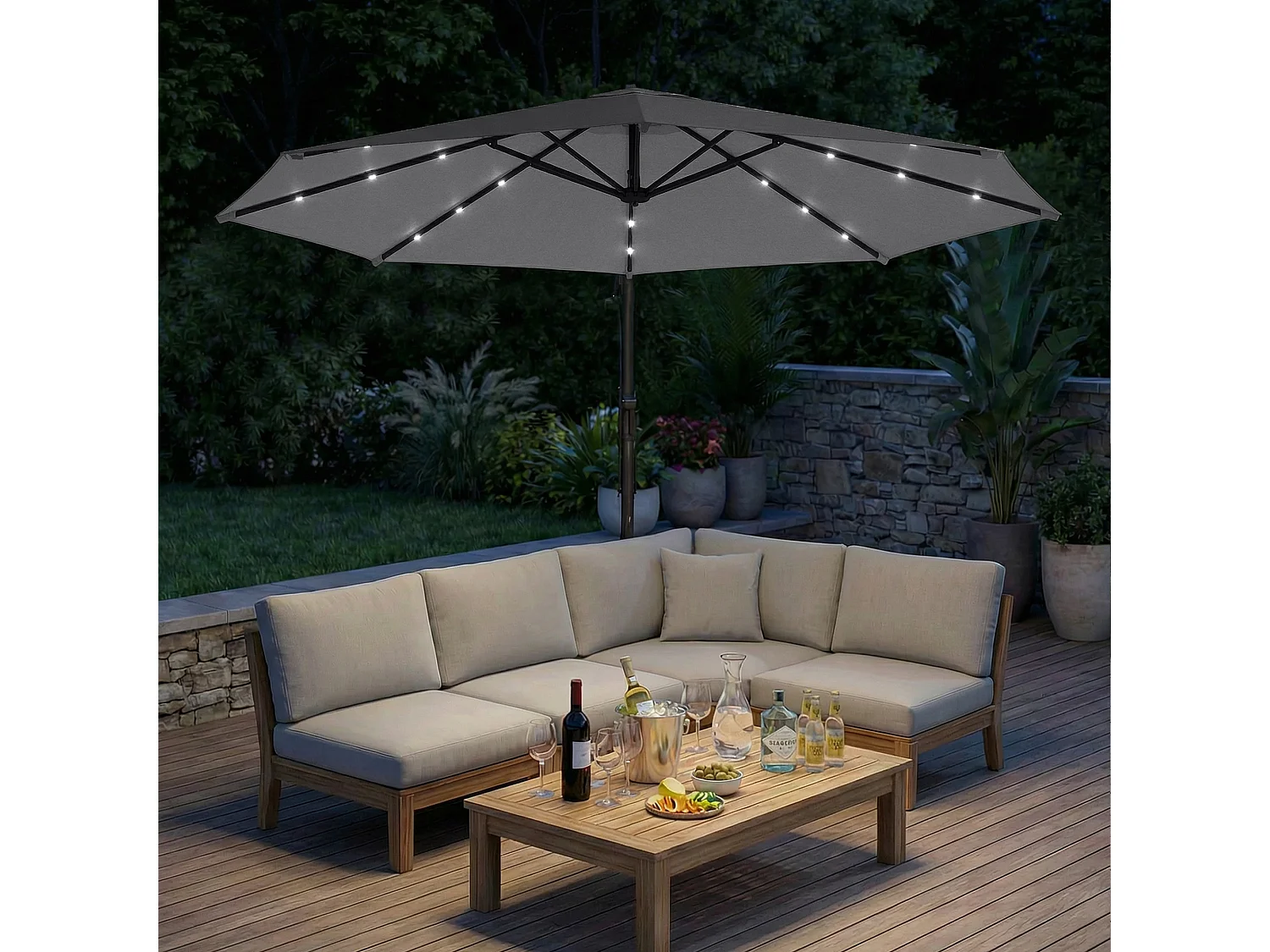 Ombrellone a sbalzo con luci led solari base croce grigio