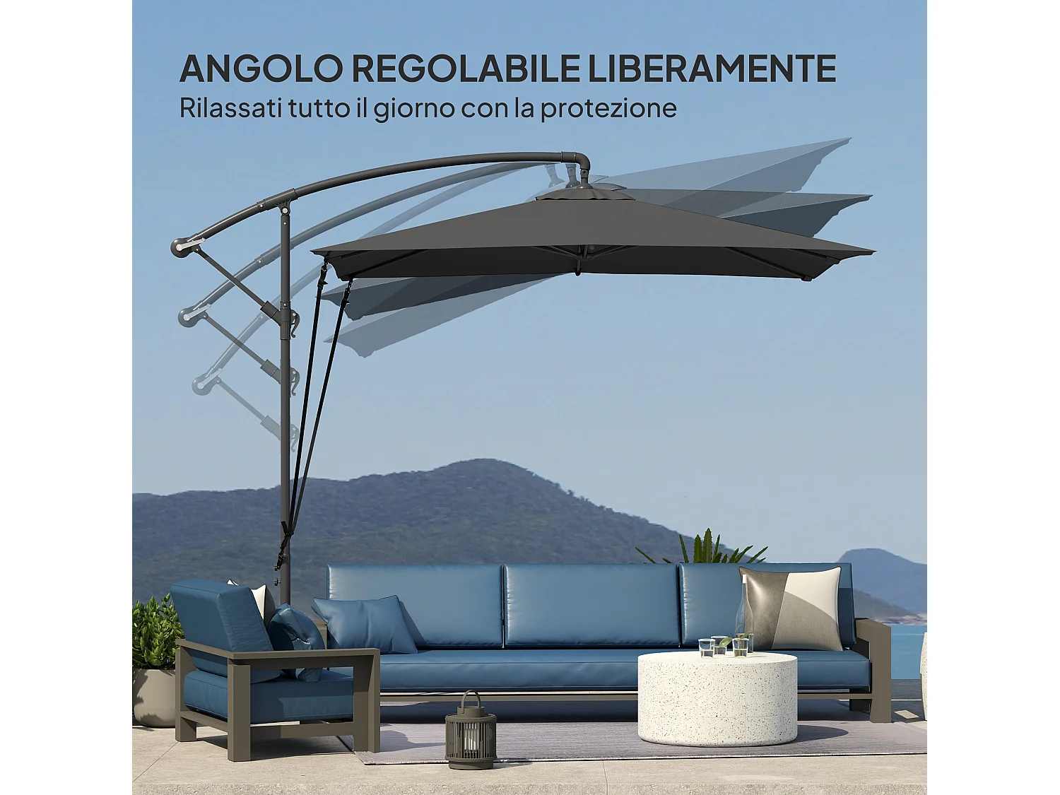 Ombrellone a sbalzo con base a croce grigio scuro