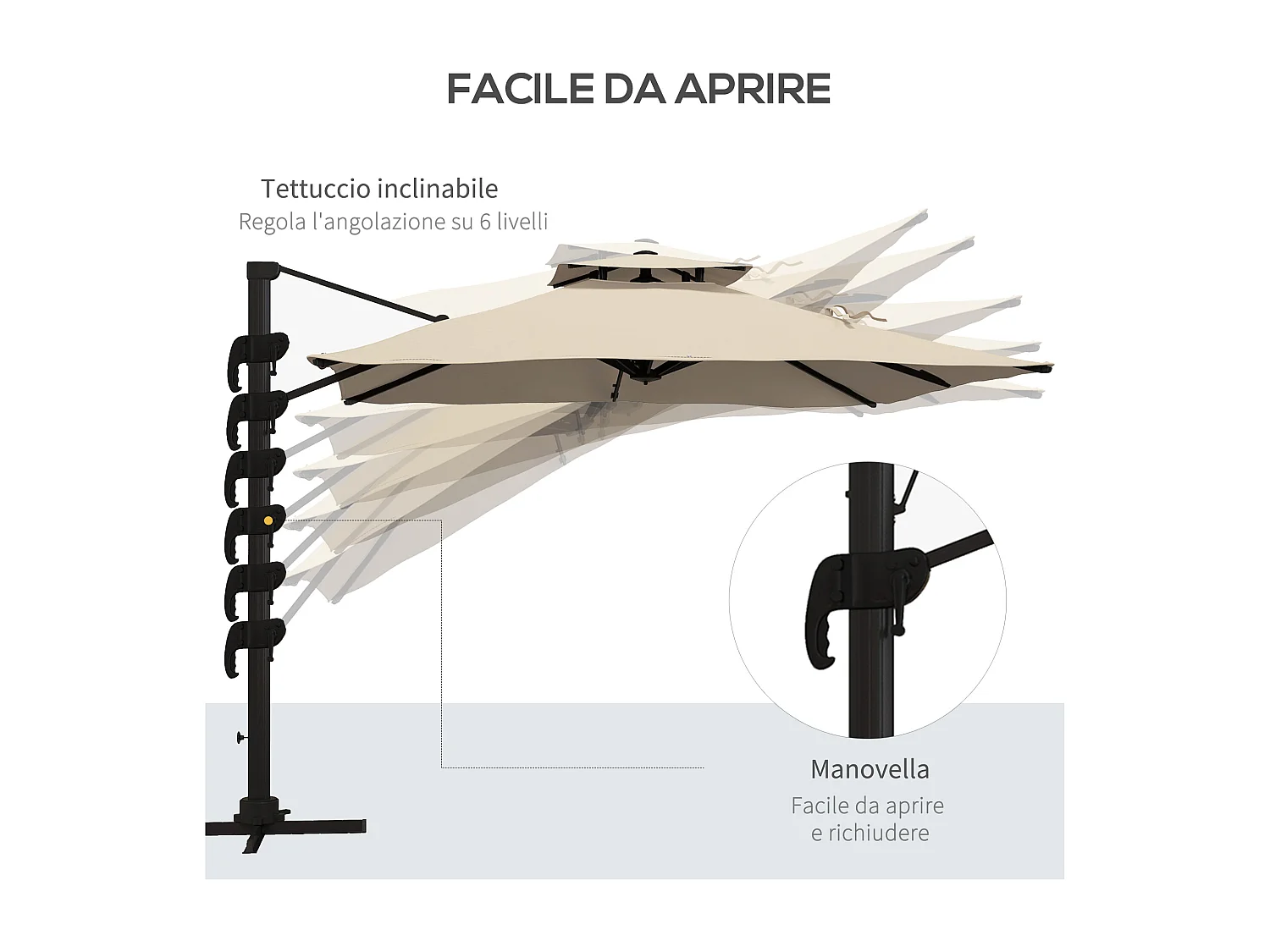 Ombrellone a braccio inclinabile su 6 posizioni color khaki