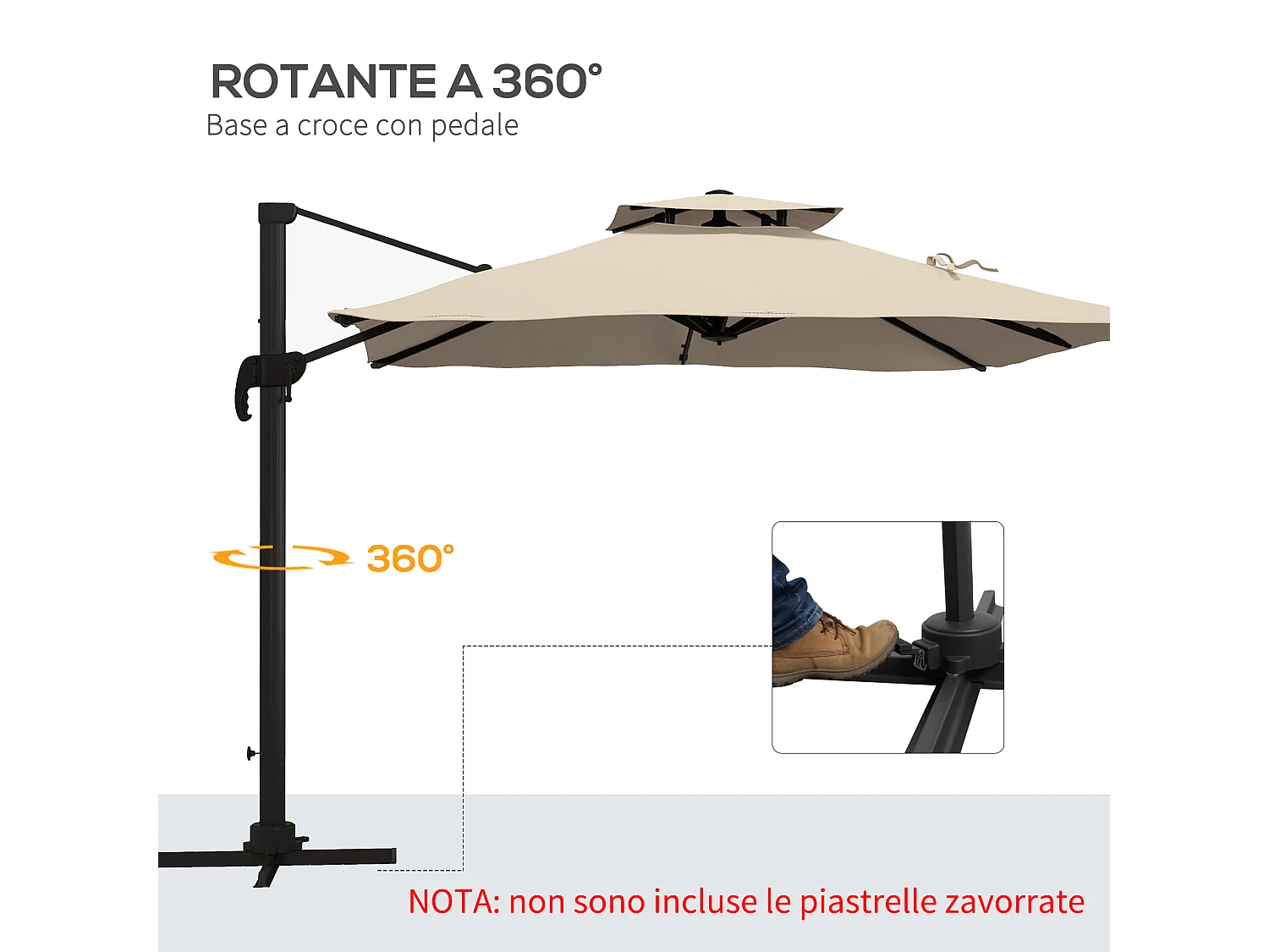 Ombrellone a braccio inclinabile su 6 posizioni color khaki