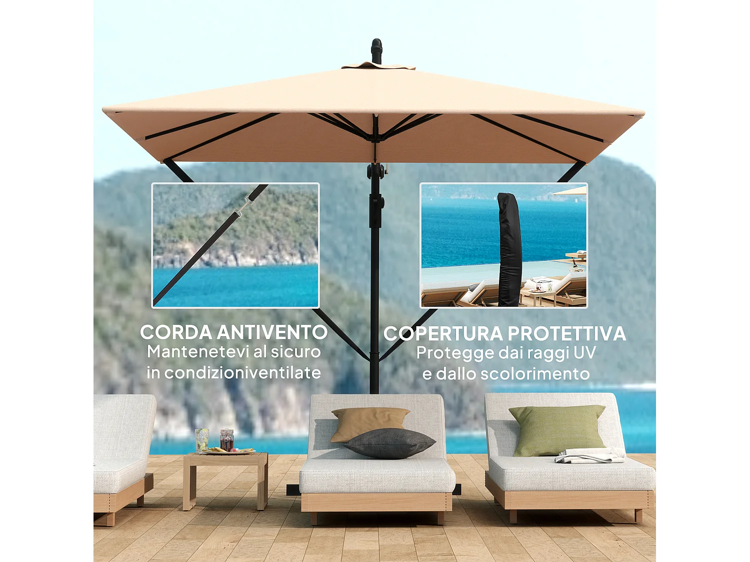 Ombrellone decentrato 2.5x2.5 m con base a croce cachi