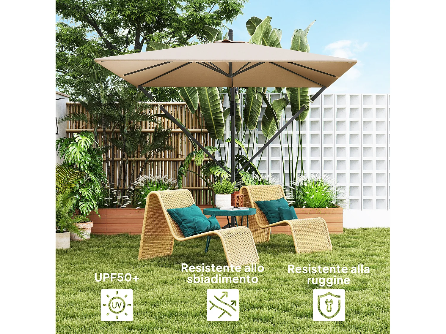 Ombrellone decentrato 2.5x2.5 m con base a croce cachi