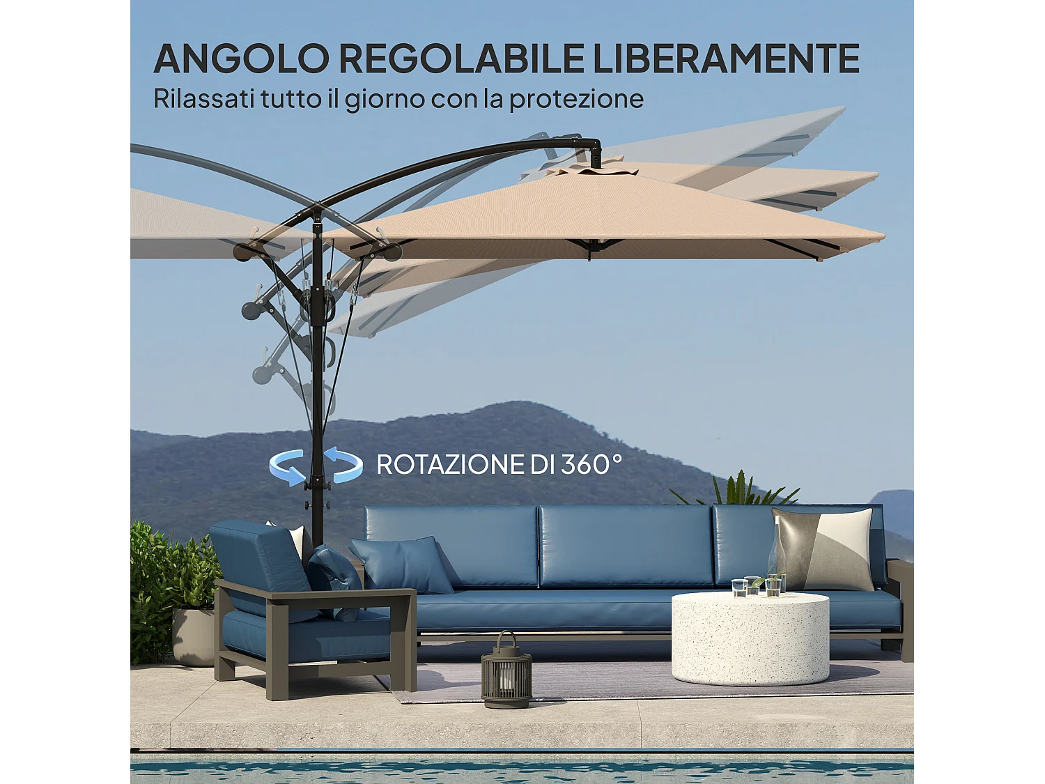 Ombrellone decentrato 2.5x2.5 m con base a croce cachi