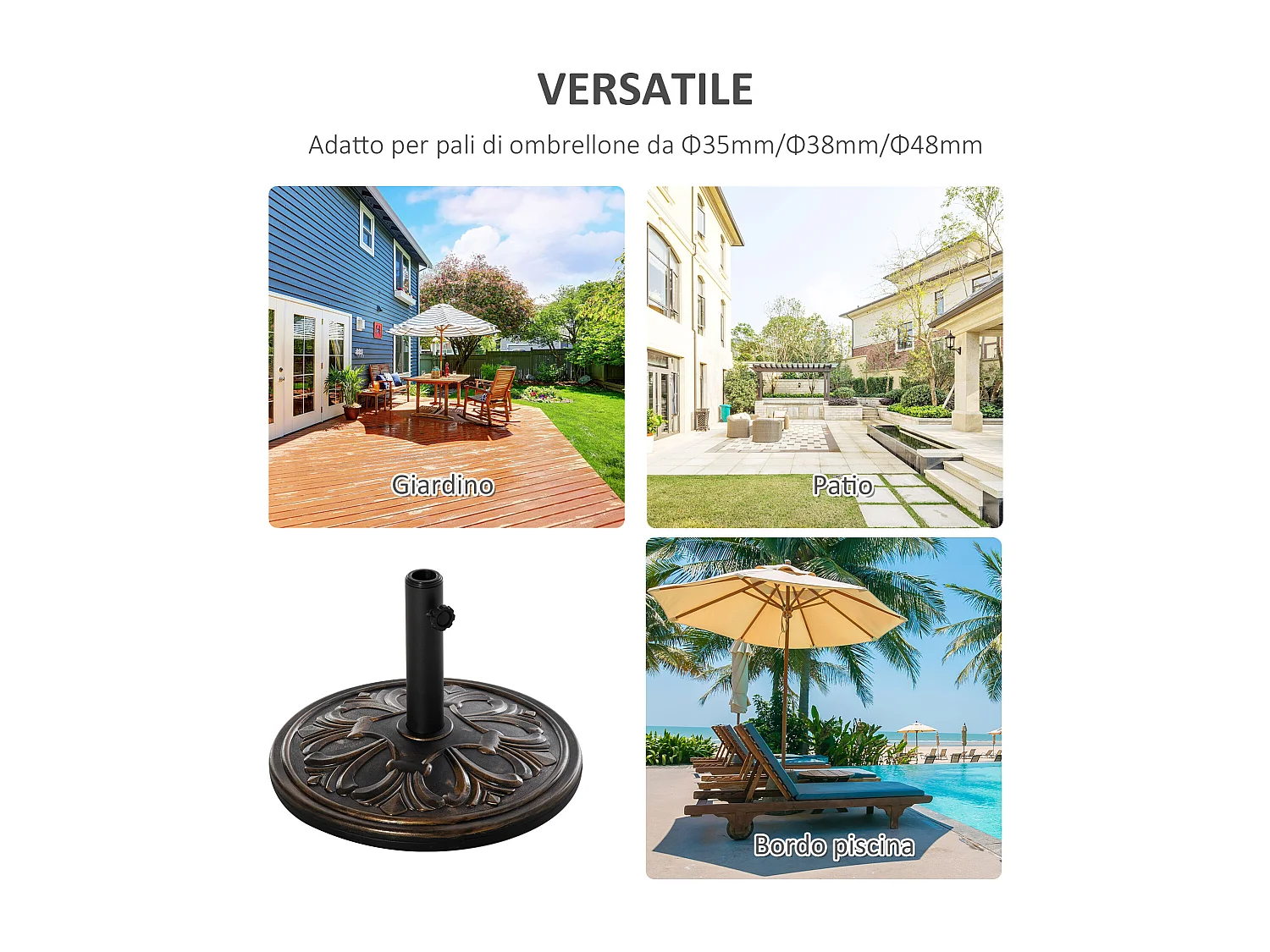 Base ombrellone ø48cm in plastica 13kg per pali ø35 38 48 mm