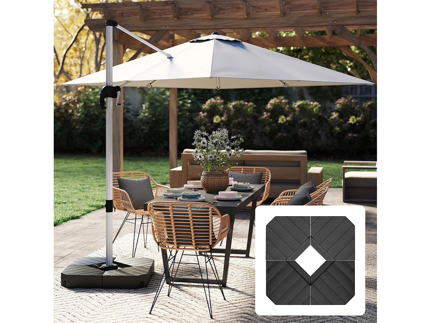 Set 4 mattonelle base per ombrellone riempibili effetto legno nero