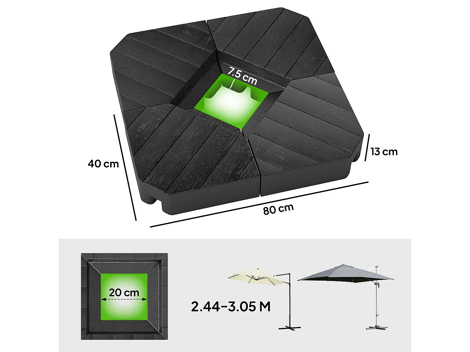 Set 4 mattonelle base per ombrellone riempibili effetto legno nero