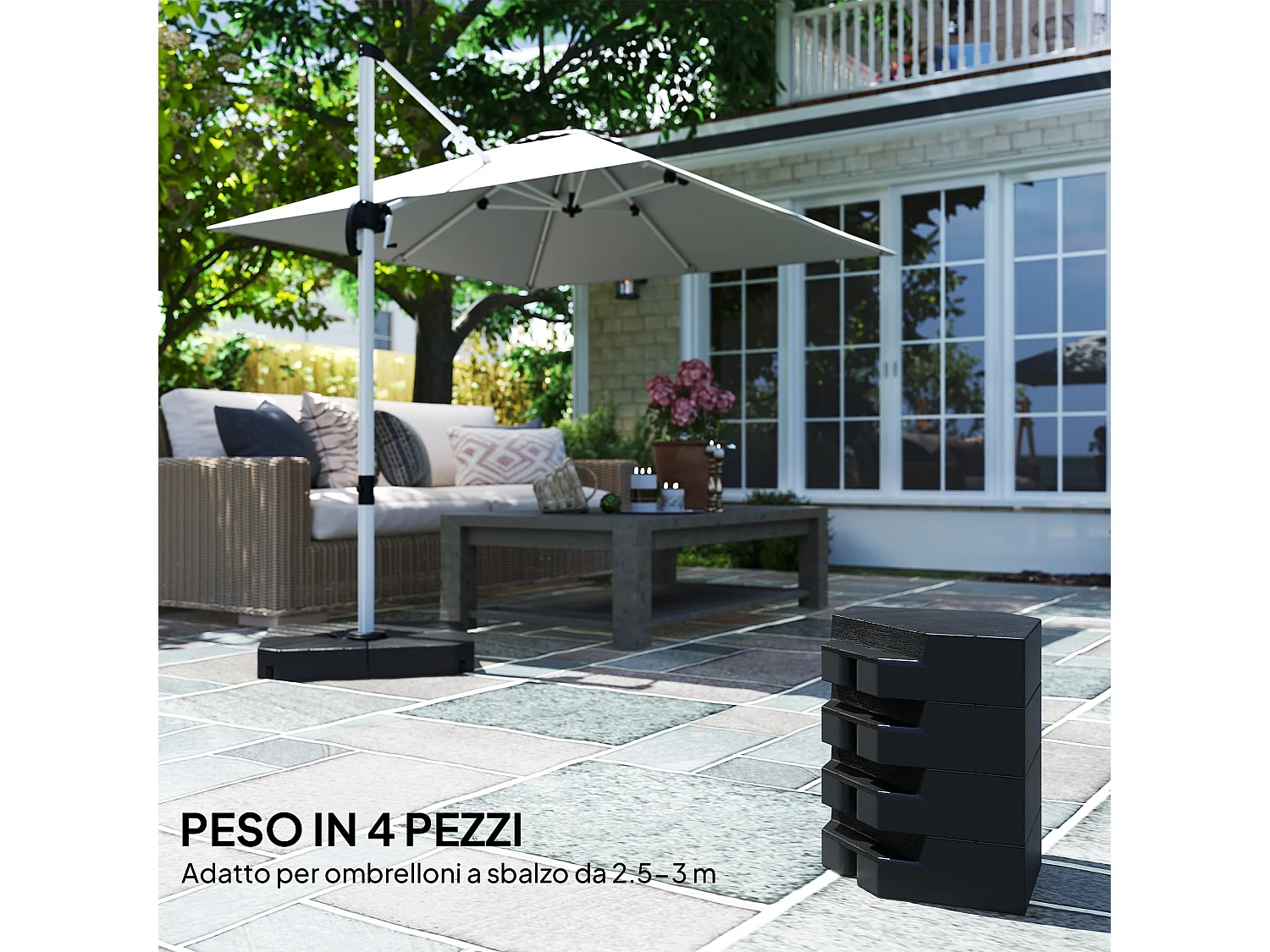 Set 4 mattonelle base per ombrellone riempibili effetto legno nero