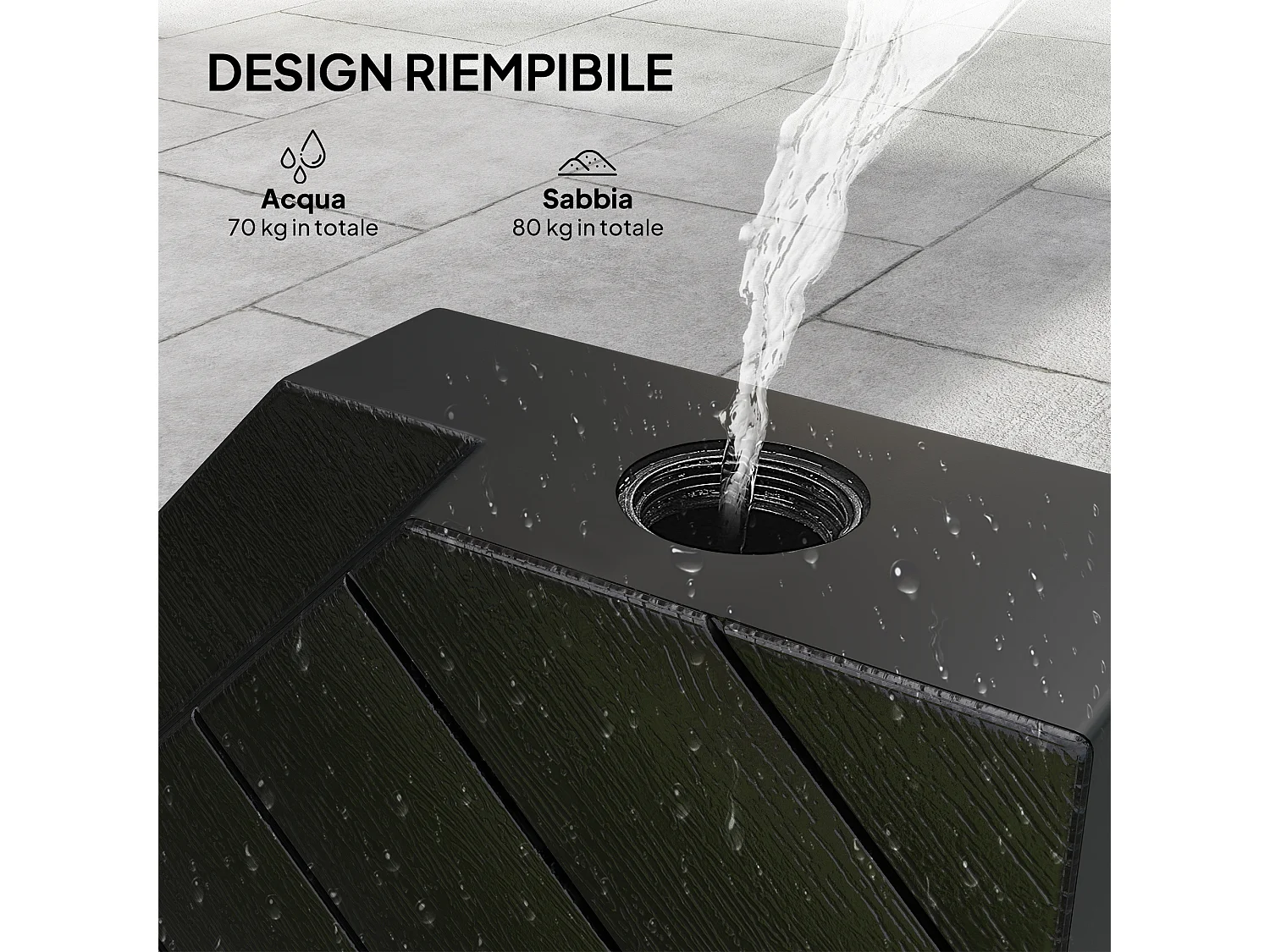 Set 4 mattonelle base per ombrellone riempibili effetto legno nero