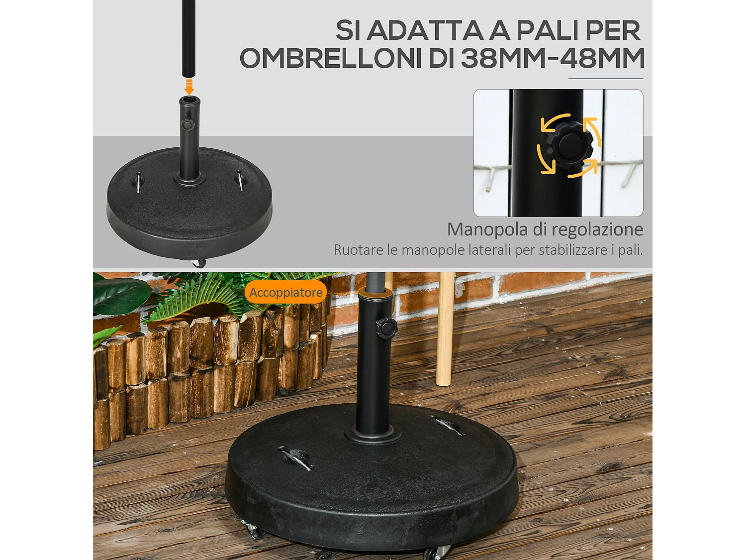 Base per ombrellone da 23.5kg con 2 manovelle e rotelle nera