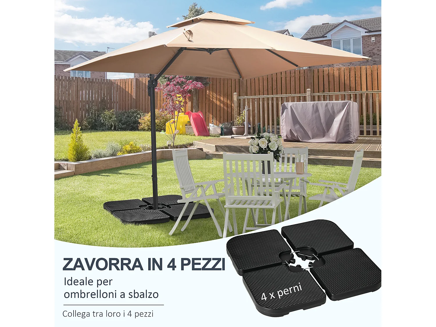 Basamento per ombrellone set 4pz in hdpe con maniglie integrate nero
