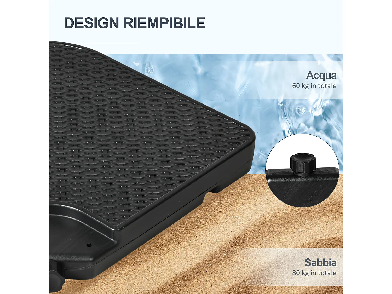 Basamento per ombrellone set 4pz in hdpe con maniglie integrate nero