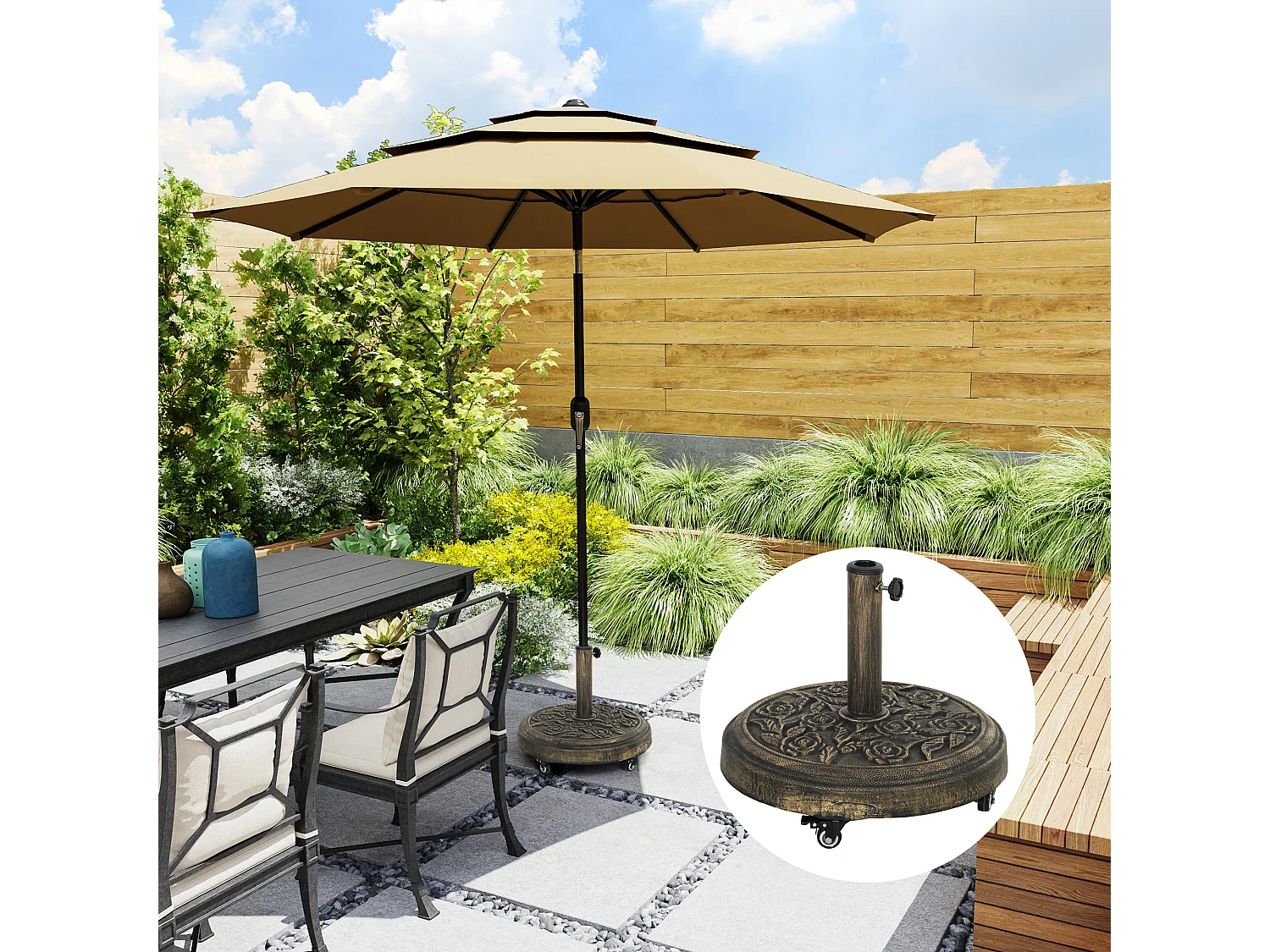 Base per ombrellone rotonda da 21 kg con ruote in resina bronzo
