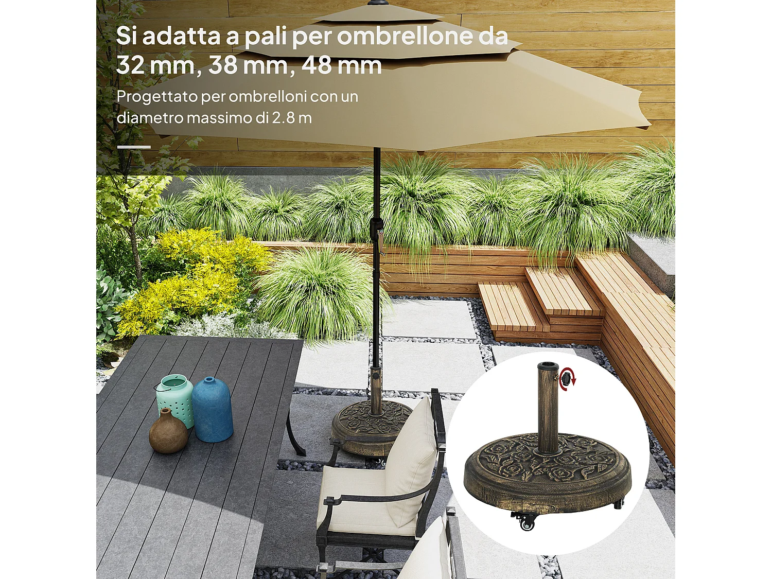 Base per ombrellone rotonda da 21 kg con ruote in resina bronzo