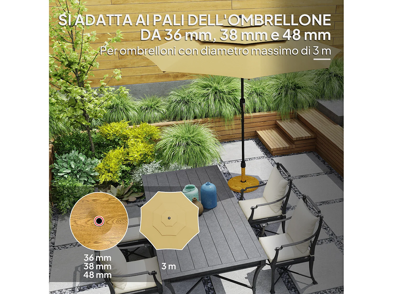 Base per ombrellone a 4 ruote in cemento metallo Ø48x44 cm color legno