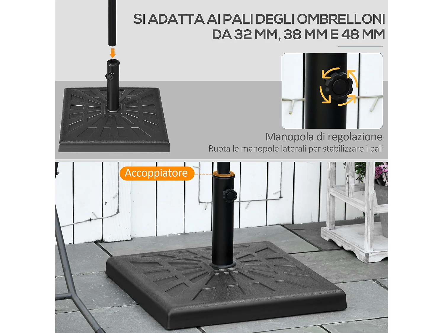 Base per ombrellone da 19kg in resina e acciaio nero