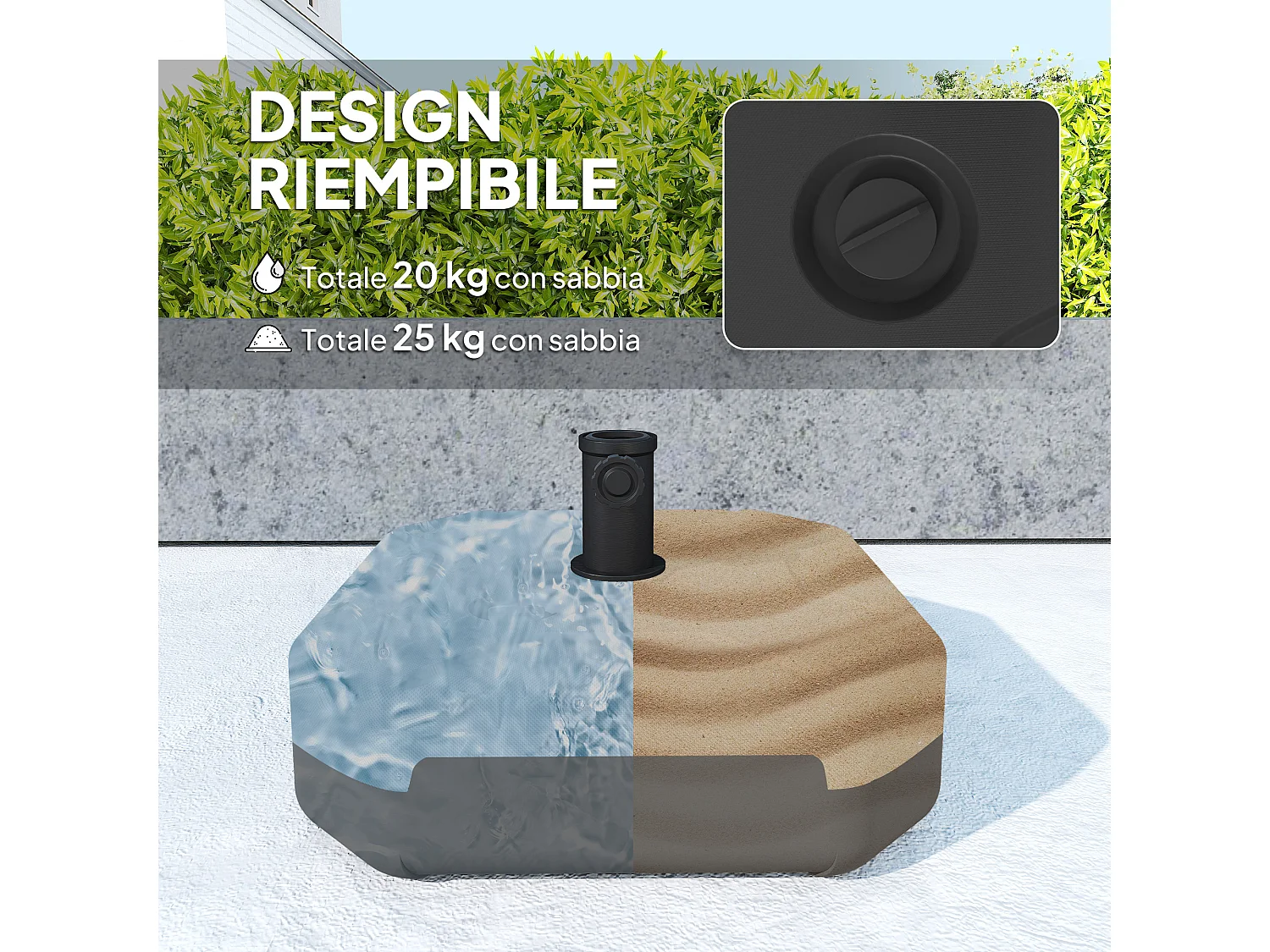 Base per ombrellone riempibile con sabbia o acqua fino 25kg nero