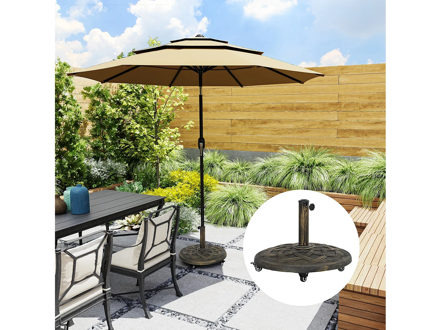 Base per ombrellone da 20 kg rotonda con ruote in resina bronzo