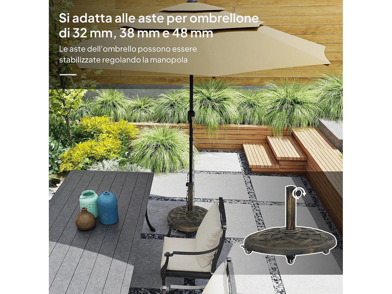 Base per ombrellone da 20 kg rotonda con ruote in resina bronzo
