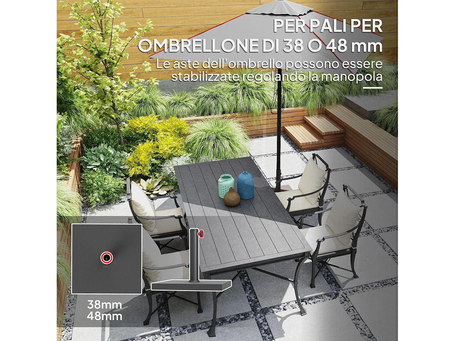 Base per ombrellone quadrata con manovella in hdpe e cemento nero