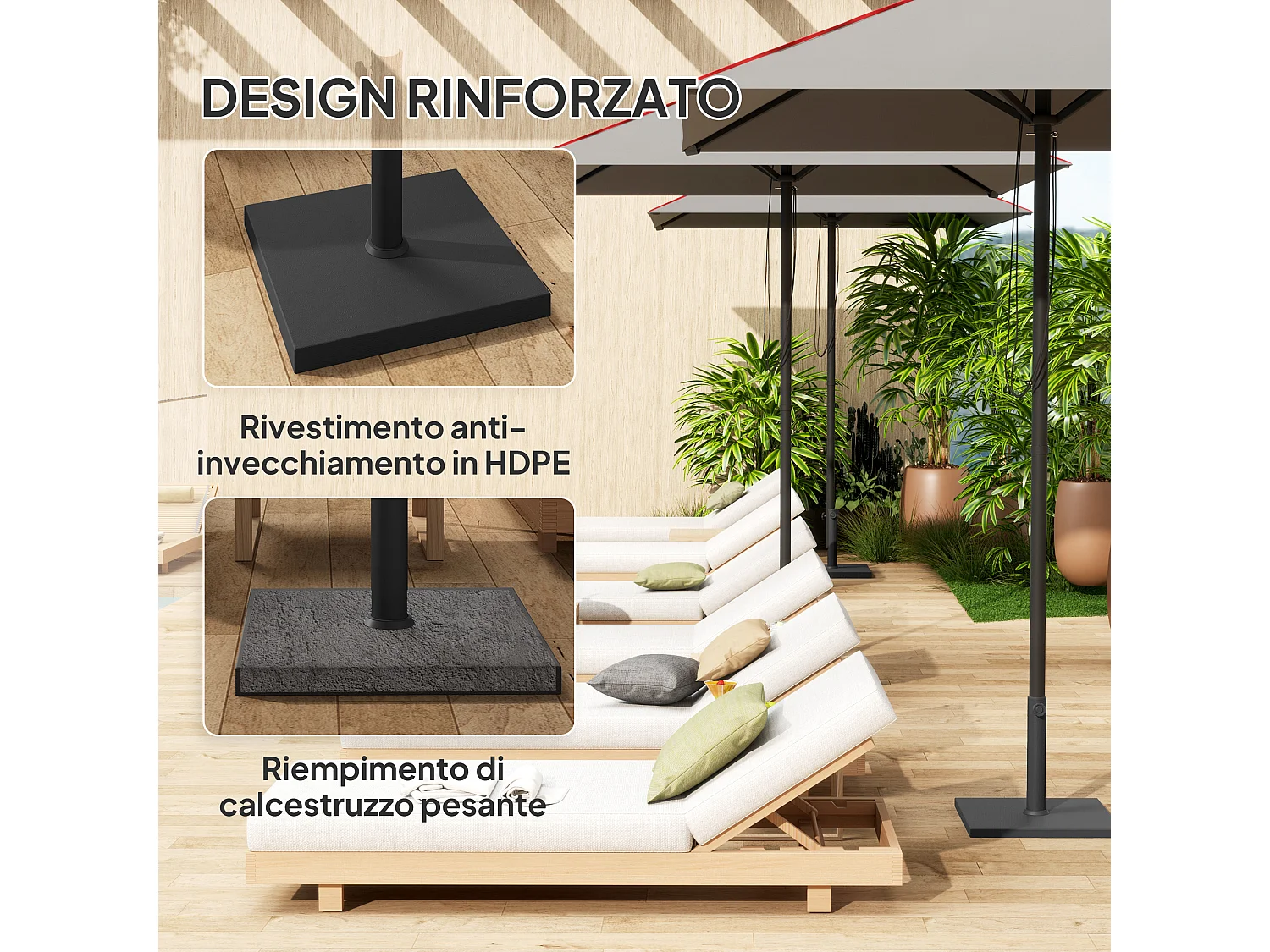 Base per ombrellone quadrata con manovella in hdpe e cemento nero