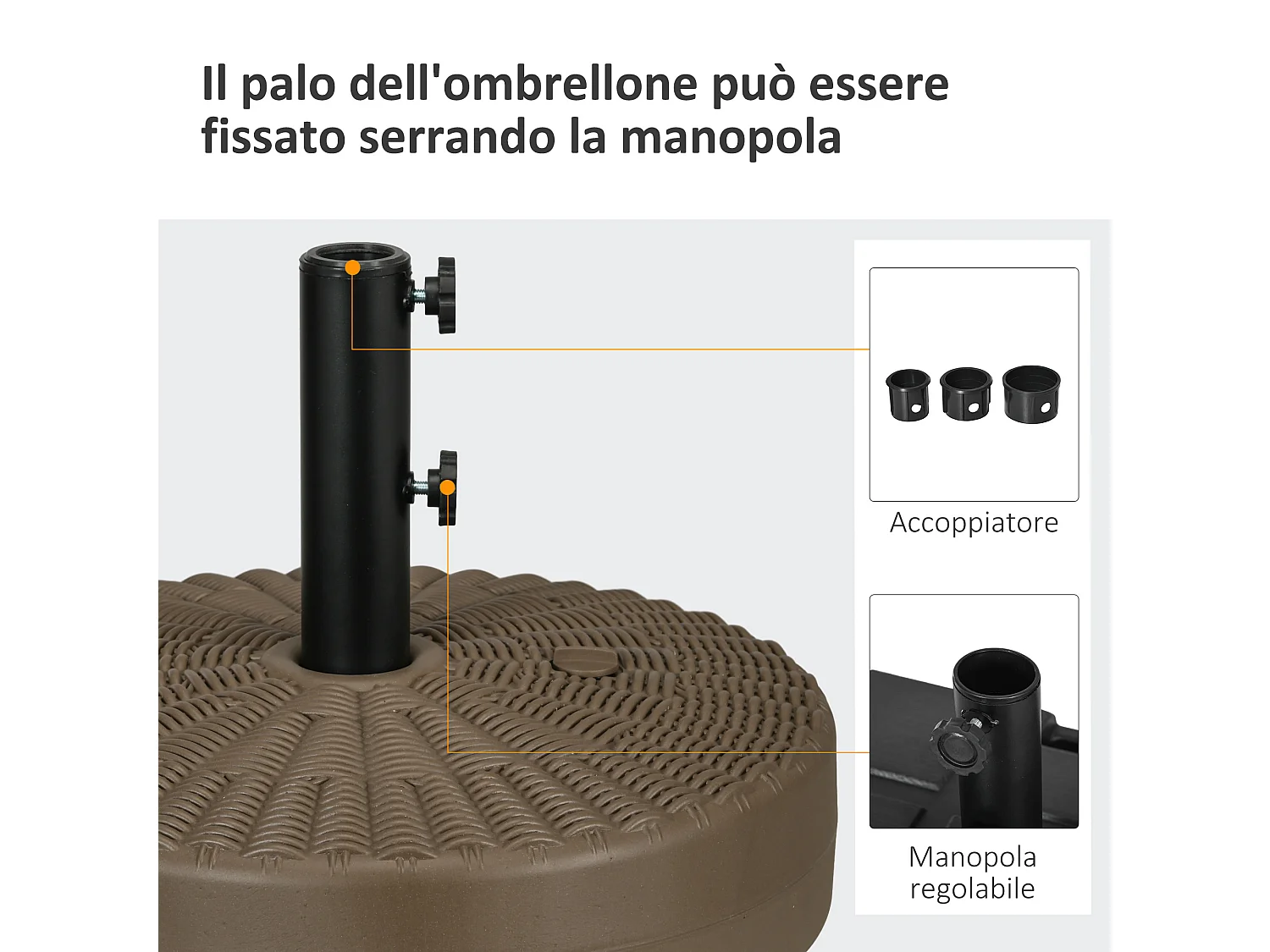 Base per ombrellone con manopole incorporate in hdpe e acciaio marrone