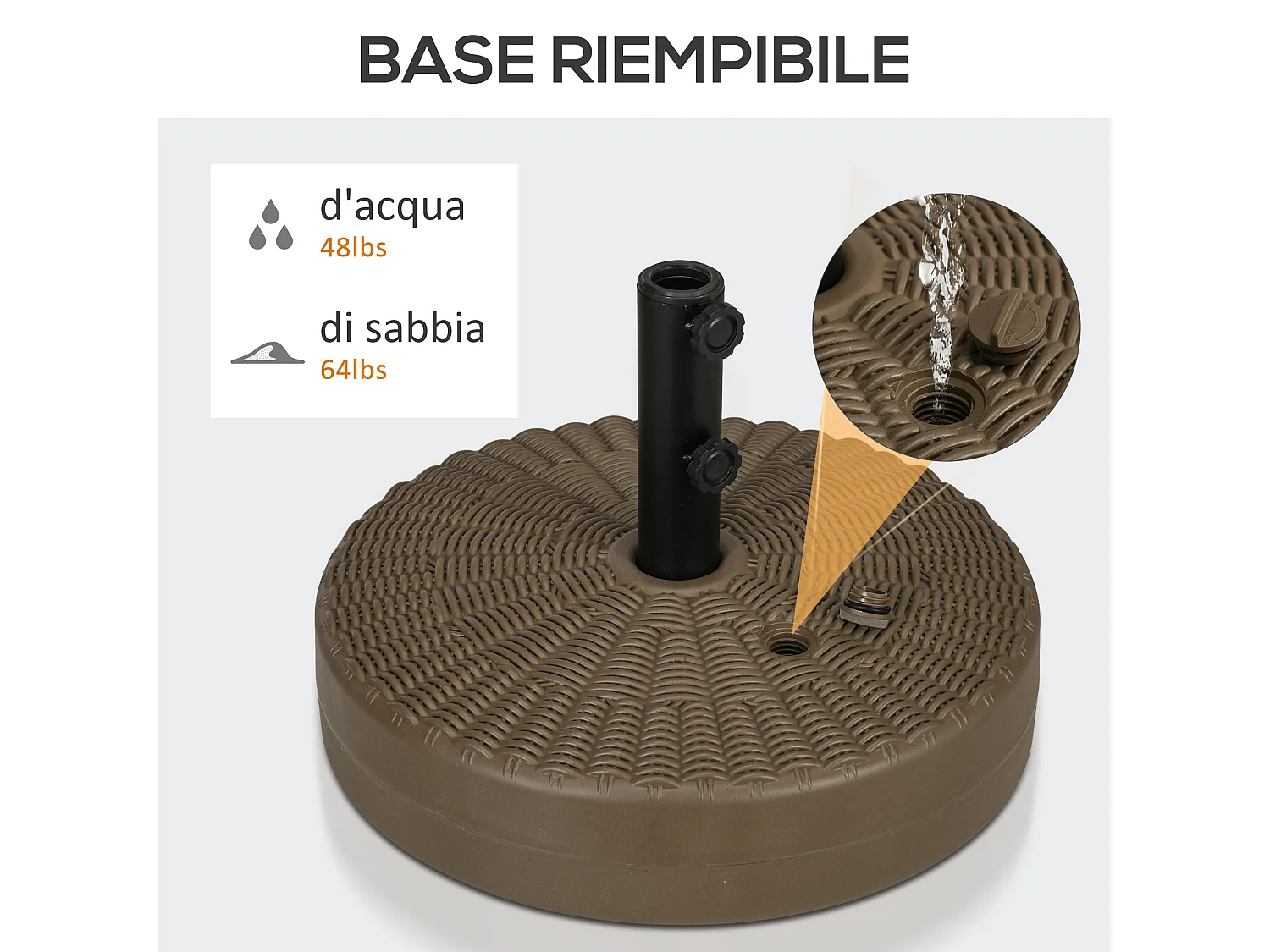 Base per ombrellone con manopole incorporate in hdpe e acciaio marrone